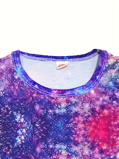 Girls Starry Unicorn Dress – Digital Print, Round Neck, Short Sleeve Casual Party Dress