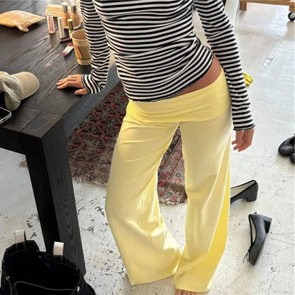 Women's Wide Leg Fold Over Pants - Solid Color Y2K Casual Streetwear Trousers