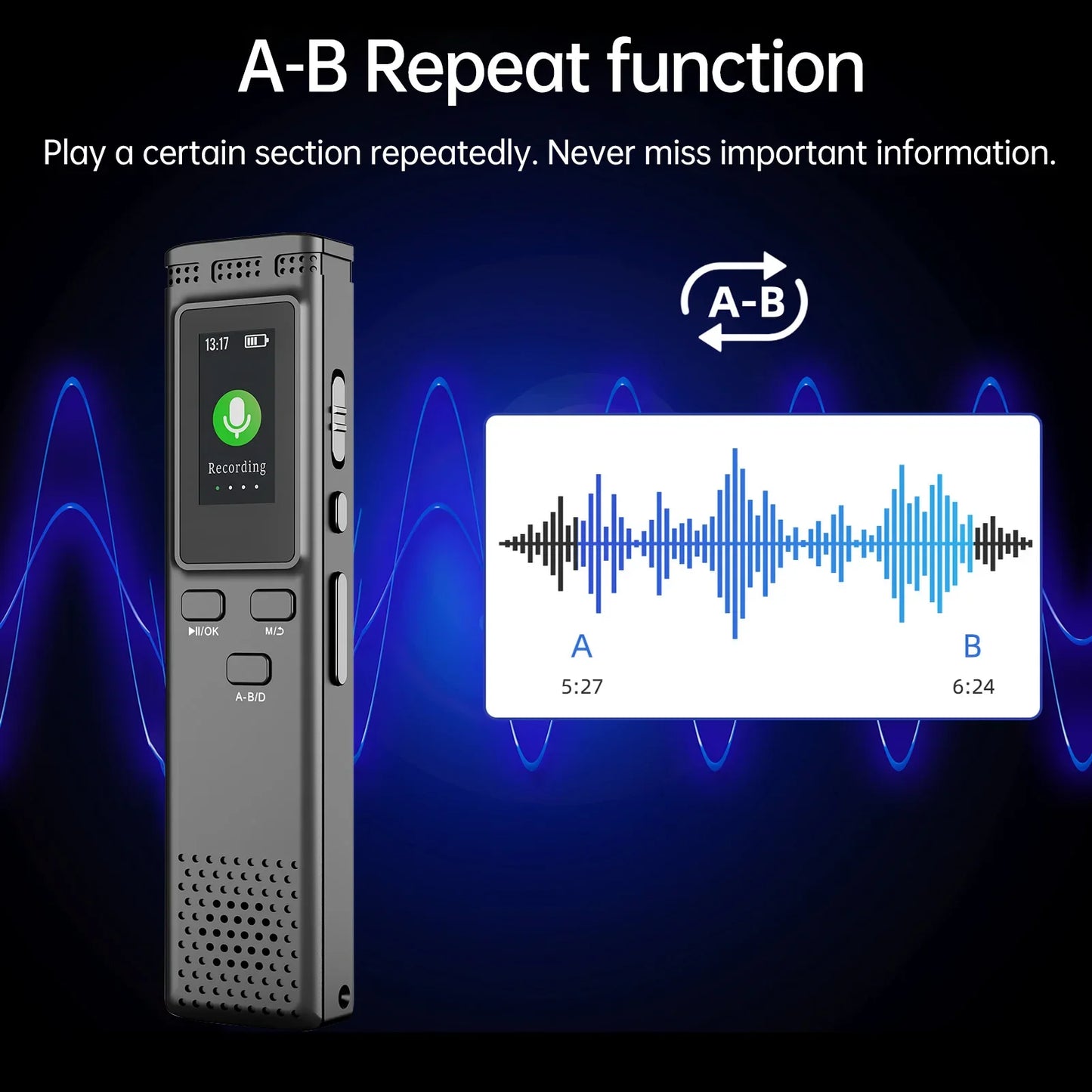 64GB/16GB/8GB Digital Voice Recorder – Voice Activated Audio Recording, Noise Reduction, MP3 Playback, 288hrs Storage