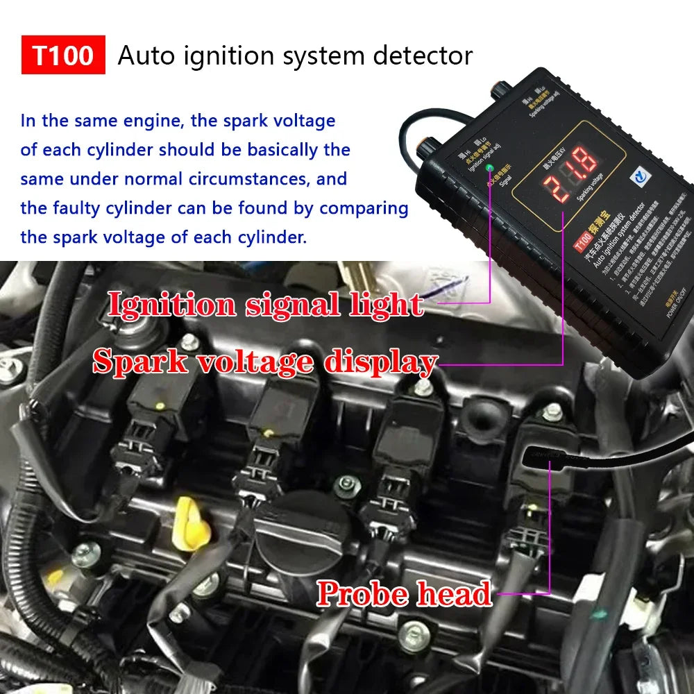 T100 Auto Ignition System Tester — 12V/24V Detector for Ignition Signal & Spark Voltage Testing