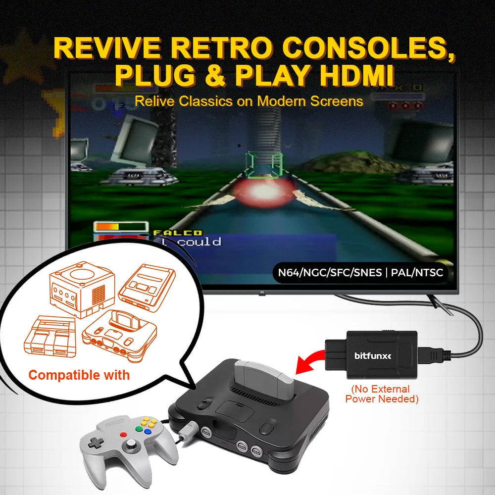 Bitfunx Mini HDMI Adapter 720P/1080P – Auto 4:3/16:9 S-Video & Composite Converter for N64, SNES, SFC, NGC Game Consoles