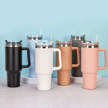 40oz Stainless Steel Insulated Water Bottle with Handle – Cold-keeping Tumbler with Lid, Straw, and Mug for Summer Outdoor Activities