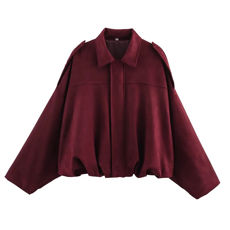 Women's Vintage Bomber Jacket Coat – Turn-Down Collar Long Sleeve Loose Fit Chic Fashion Outerwear