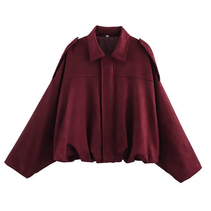 Women's Vintage Bomber Jacket Coat – Turn-Down Collar Long Sleeve Loose Fit Chic Fashion Outerwear