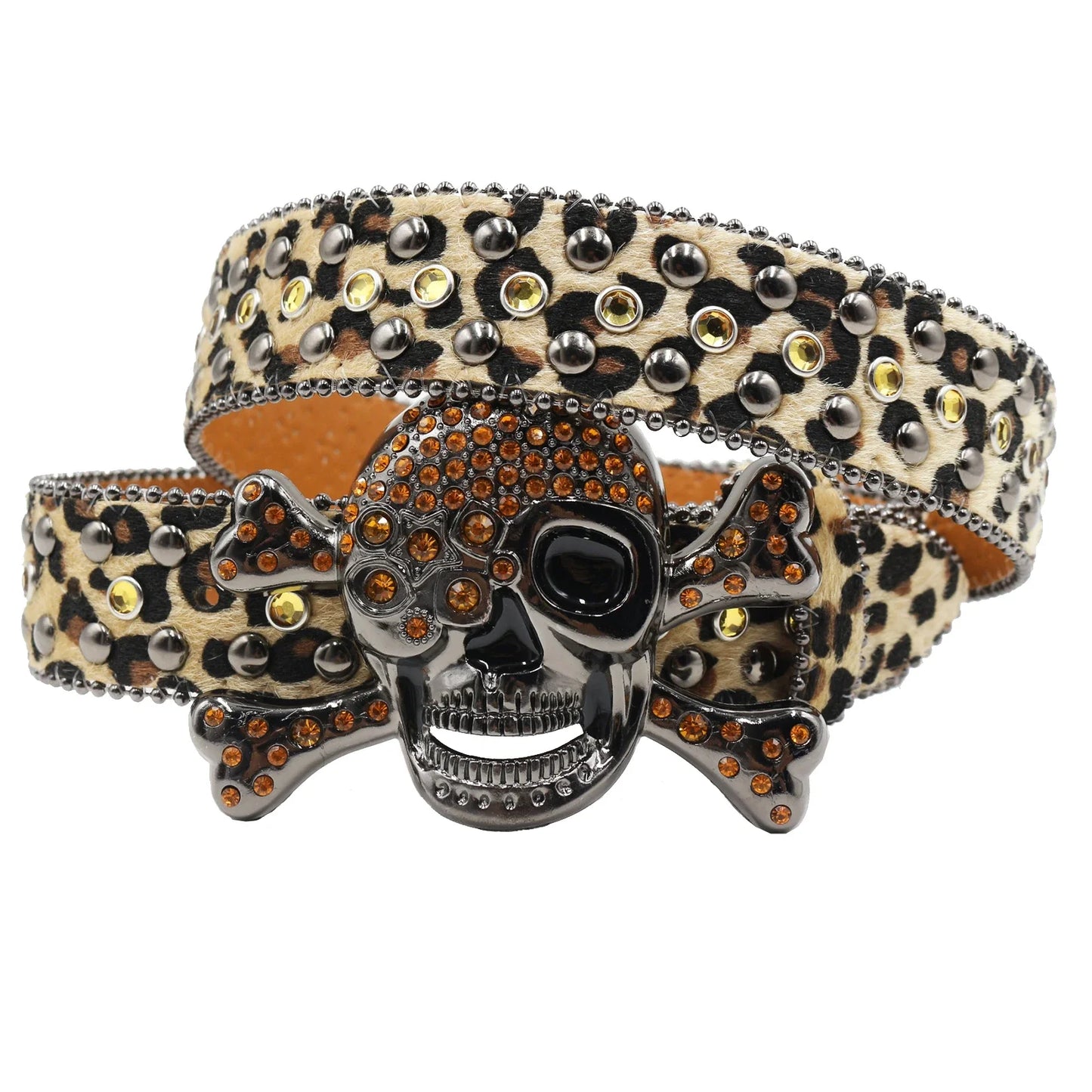 Women’s Rhinestone Skull Leather Belt – Luxury Designer Studded Strap for Jeans, White & Black