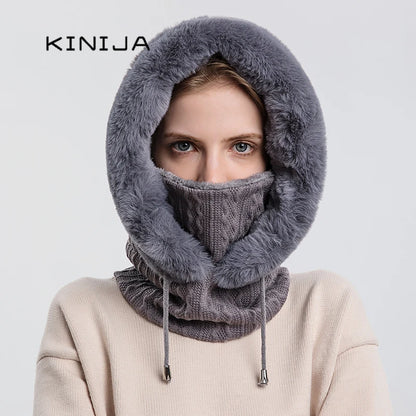 Winter Fur Cap Mask Set – Hooded Knitted Cashmere Neck Warmer, Plush Windproof Balaclava Ski Beanie for Women