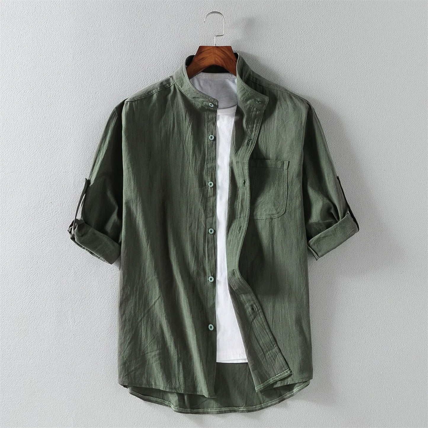 Men’s Stand Collar Short Sleeve Shirt - Spring Summer Casual Mid-Sleeve Plus Size Fashion Top
