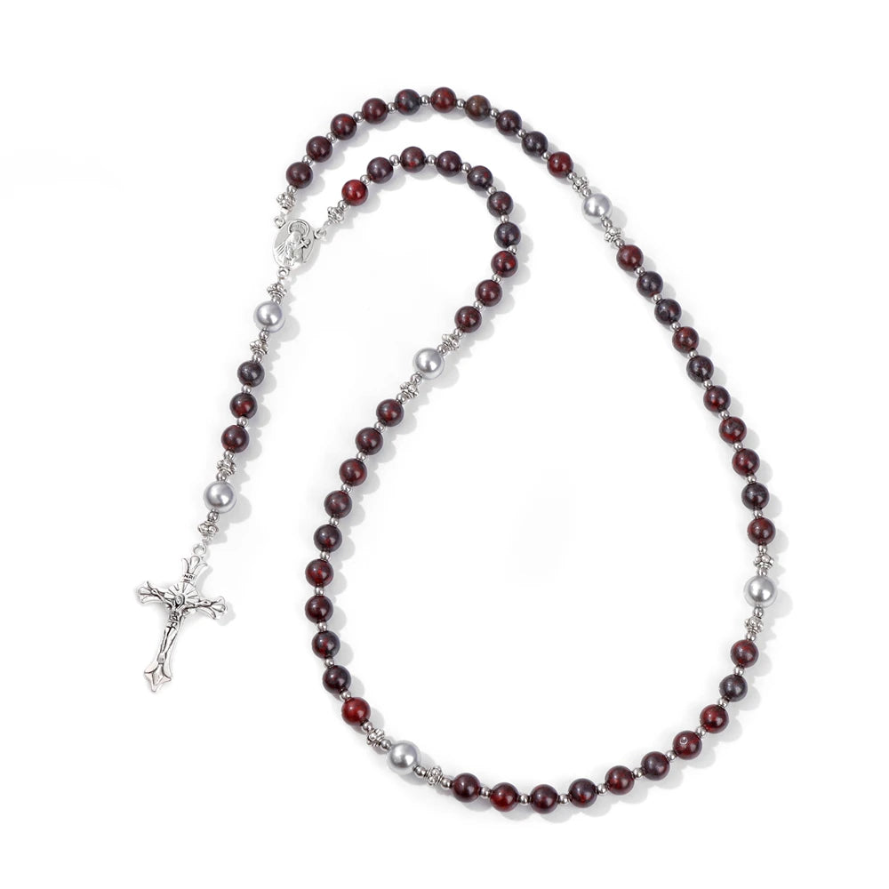 6mm Tiger Eye Rosary Beads Necklace – Catholic Jesus & Virgin Mary Pendant Long Knotted Chain Religious Jewelry for Men & Women
