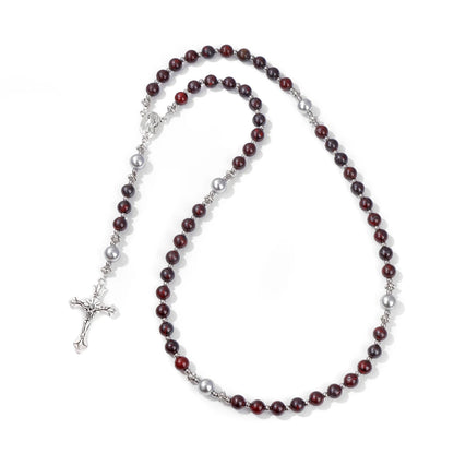 6mm Tiger Eye Rosary Beads Necklace – Catholic Jesus & Virgin Mary Pendant Long Knotted Chain Religious Jewelry for Men & Women
