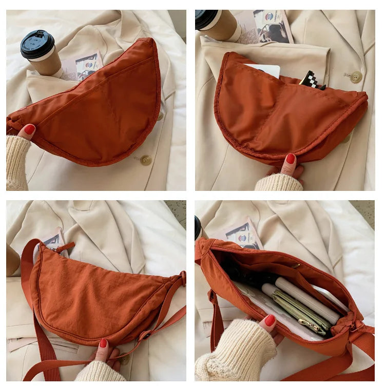 Solid Color Women's Portable Shoulder Bag – Simple Nylon Cloth Padded Crossbody Travel Purse & Messenger Bag