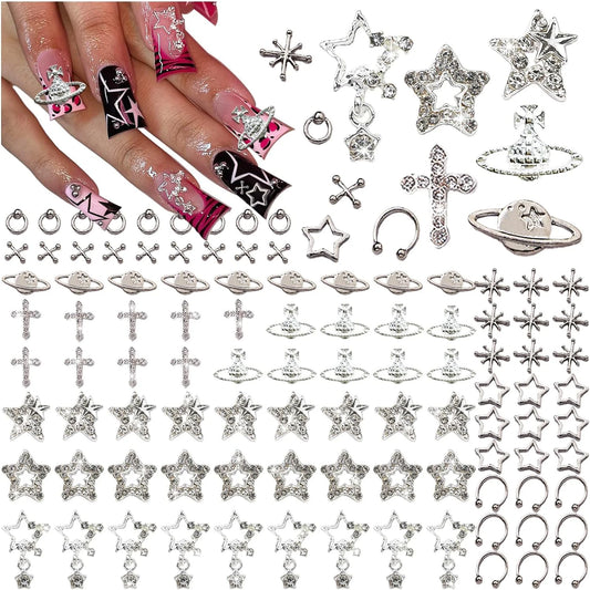 110PC Silver Star Nail Charms – Planet & Cross Alloy Nail Art Decorations