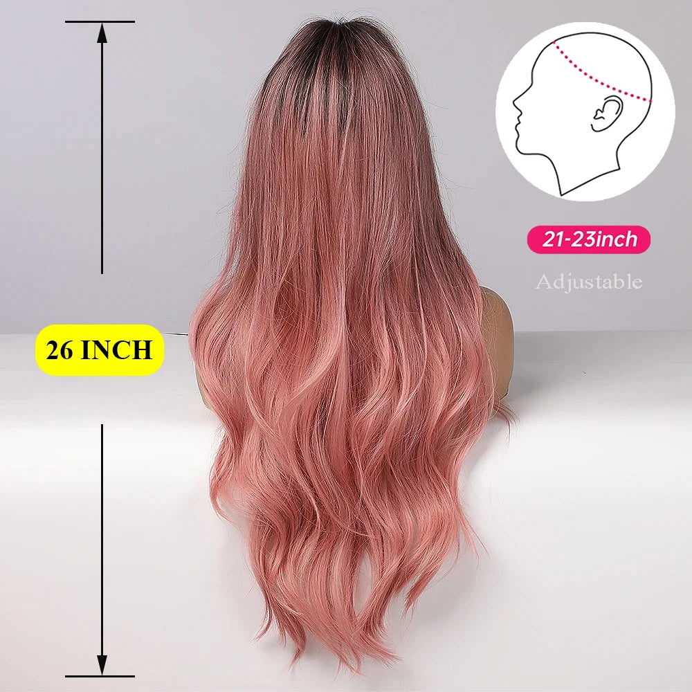 Long Pink Wavy Wig for Women — Middle Part Synthetic Hair, Heat-Resistant, Natural-Looking Cosplay Wig