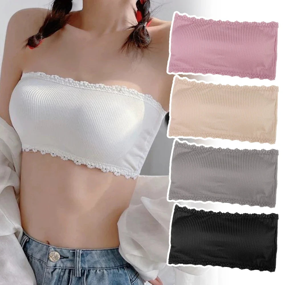 Women Summer Strapless Lace Bra, Seamless Breathable Invisible Chest Wrap Bralette, Sexy Back Lace Underwear Brassiere Top