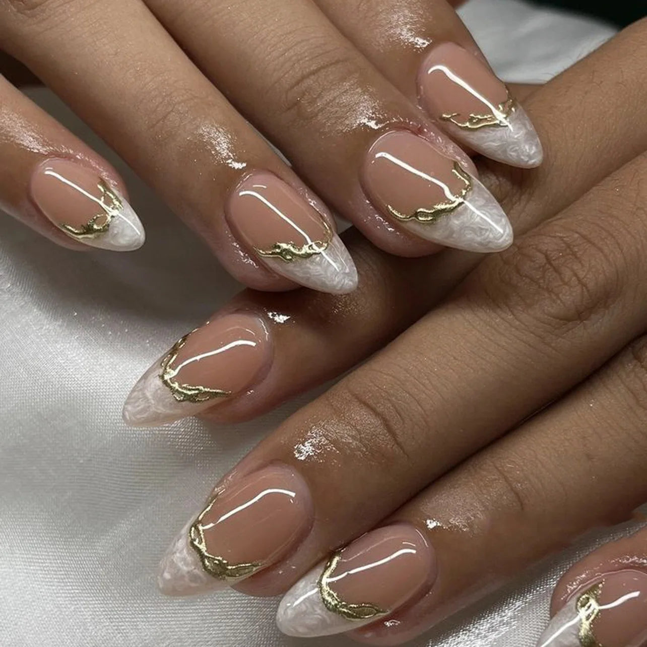 24Pcs French Press On Nails - Almond Fake Nail Tips with Glue, White Edge Design & Pink Stiletto Style Manicure Set