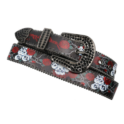 Nice Brand Three Skull Rhinestone Belt – Western Punk Hip-Hop Style for Men & Women