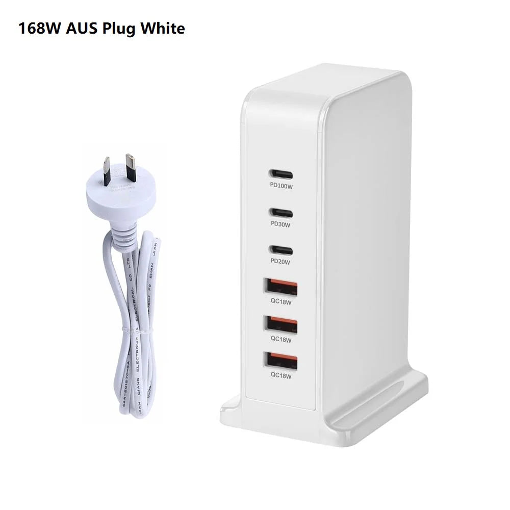 200W GaN Desktop Quick Charger - 168W PD, 6-Port USB Type C with USA, EU, AUS, UK Plug Adapters for Mobile Phones and Laptops