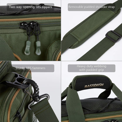 BASSDASH Fishing Tackle Shoulder Bag – Water-Resistant, Lightweight Gear Storage Pack with Hard Molded Bottom and Rain Cover