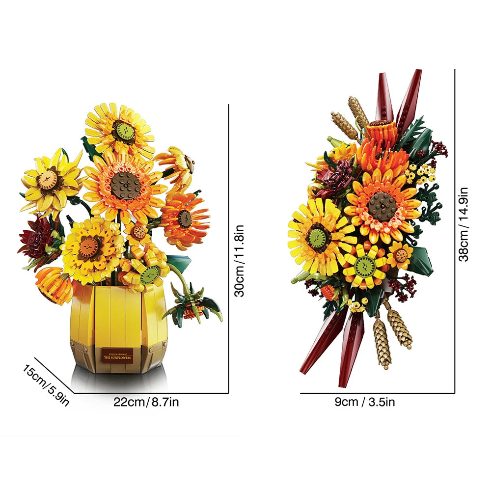 1328PCS Sunflower Building Blocks Set – Creative Flower Bouquet Vase Model for Home Decor & Kids Gifts