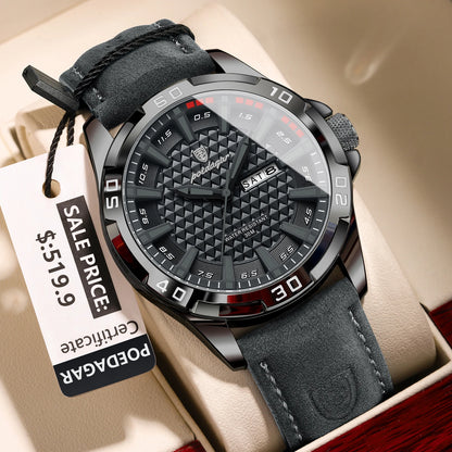 POEDAGAR Men’s Luxury Wristwatch – Waterproof Quartz Sport Watch with Luminous Hands, Date & Week Display, Leather Strap