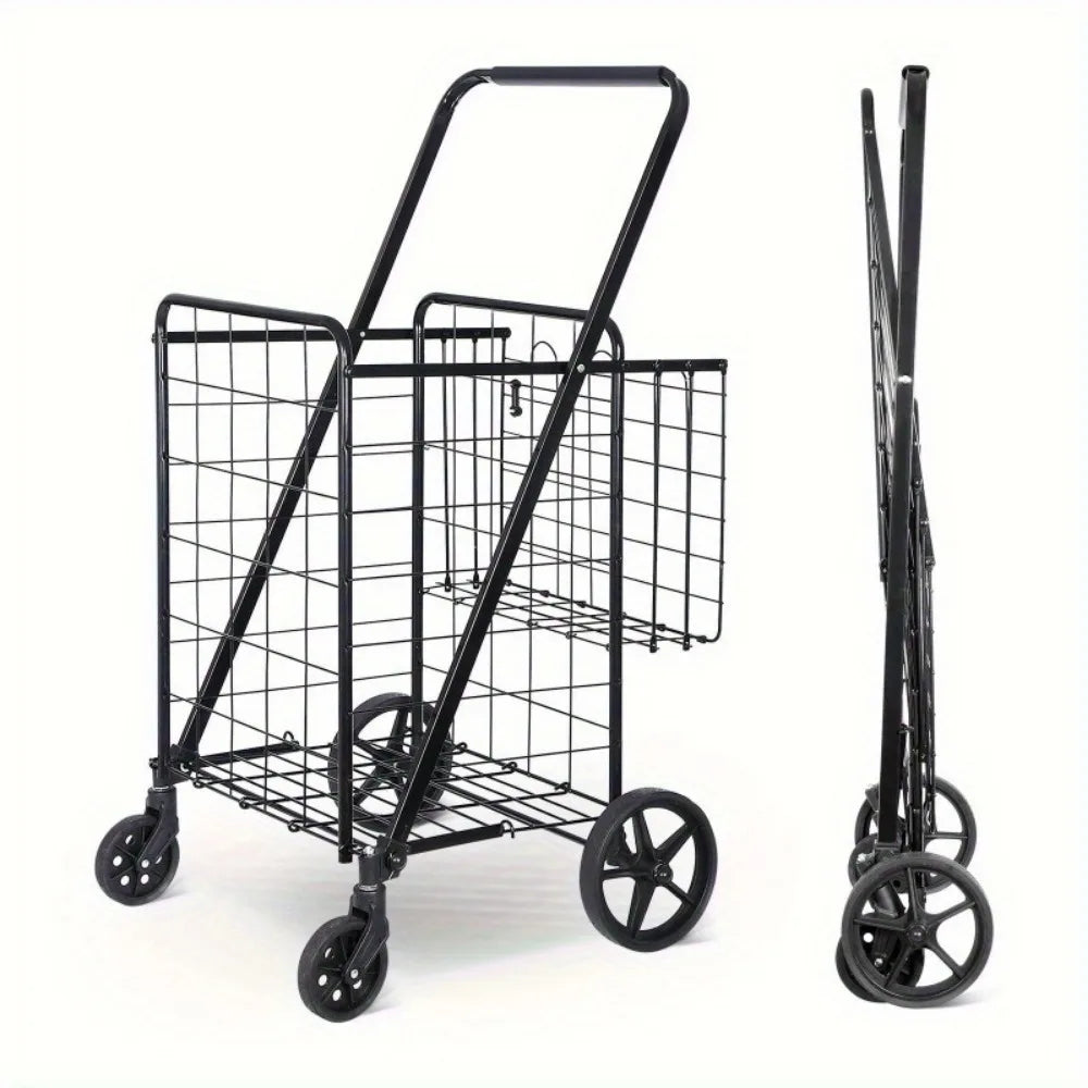 Foldable Shopping Cart with Wheels — Durable Black Utility Basket Trolley for Market & Home Use