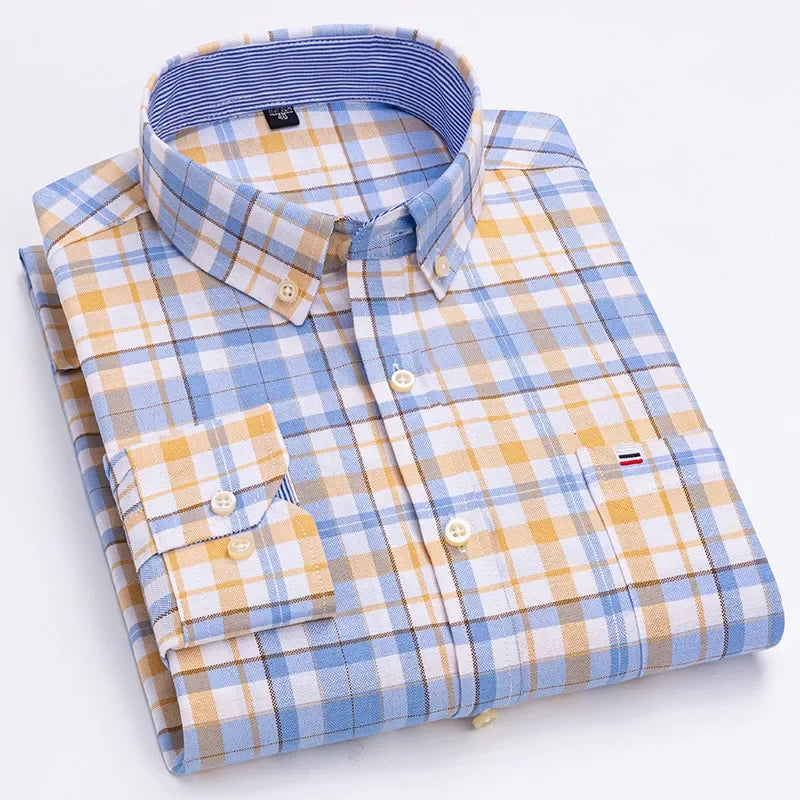 Men’s Cotton Oxford Shirt - Smart Casual Long Sleeve Plaid Print Dress Shirt, Regular Fit up to 6XL
