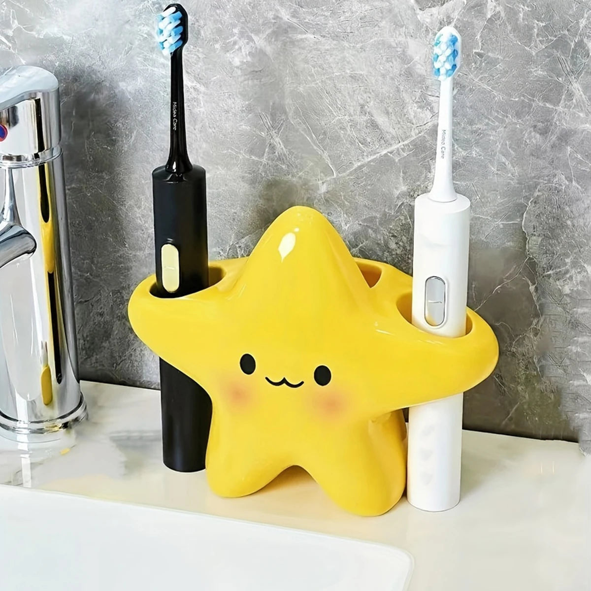 Cute Star Shaped Toothbrush Holder – Freestanding Bathroom Organizer for Toothbrush & Toothpaste Storage with Cute Face Design