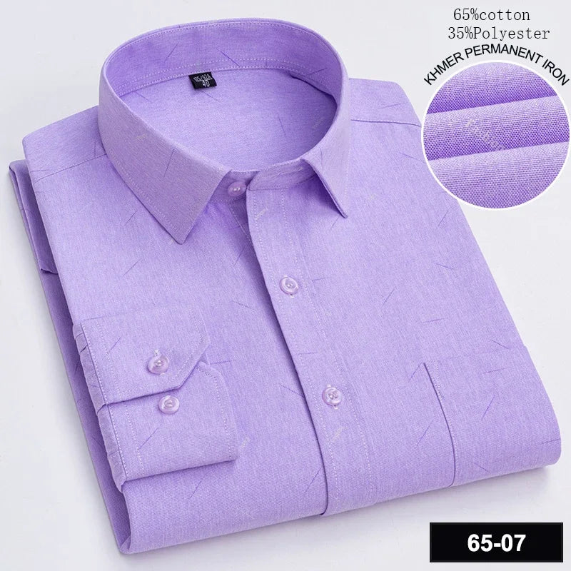 Men’s Slim Fit Long Sleeve Shirt - Formal Plaid Cotton Office Shirt with Single Pocket