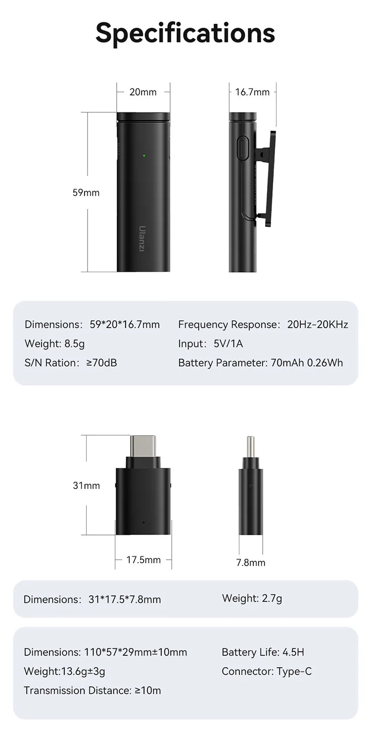 Ulanzi WM-10 Wireless Lavalier Microphone – 1-to-1 USB-C Mic for Android & iPhone, Windproof Sponge for Live Streaming & Recording