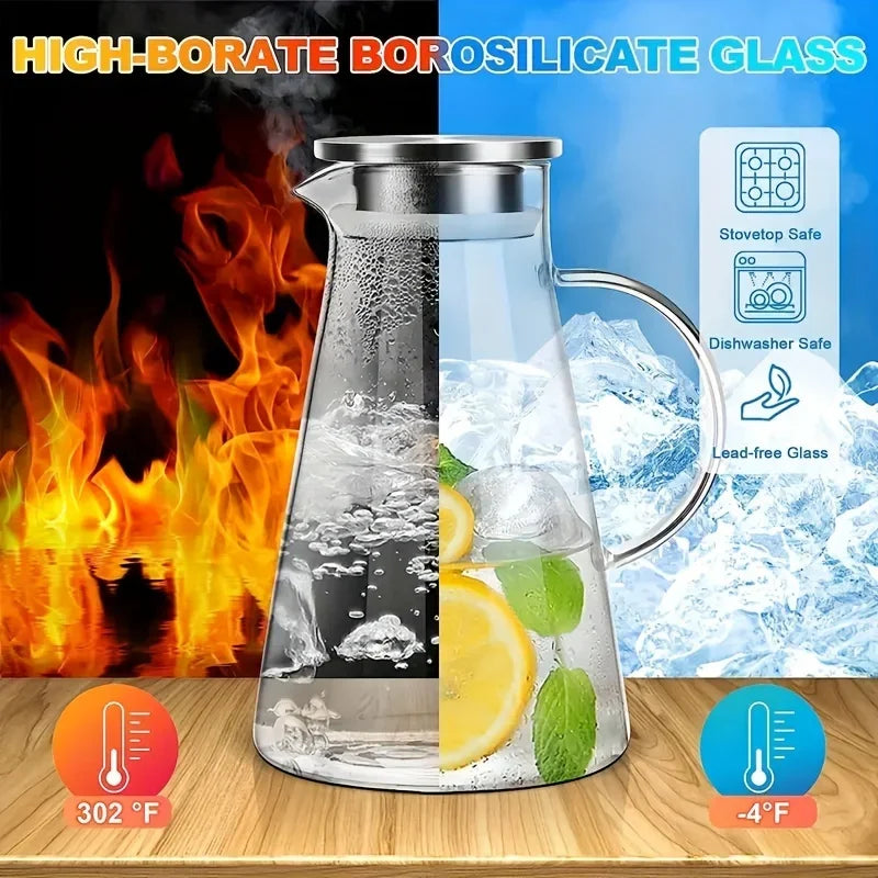 Transparent Glass Water Jug - Heat Resistant Cold Water Kettle with Handle & Large Capacity Household Drink Pitcher