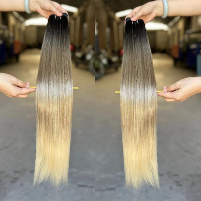 26" Ombre Straight Synthetic Hair Extensions – Smooth Weaving, Full Blue Hair Bundles from Root to End