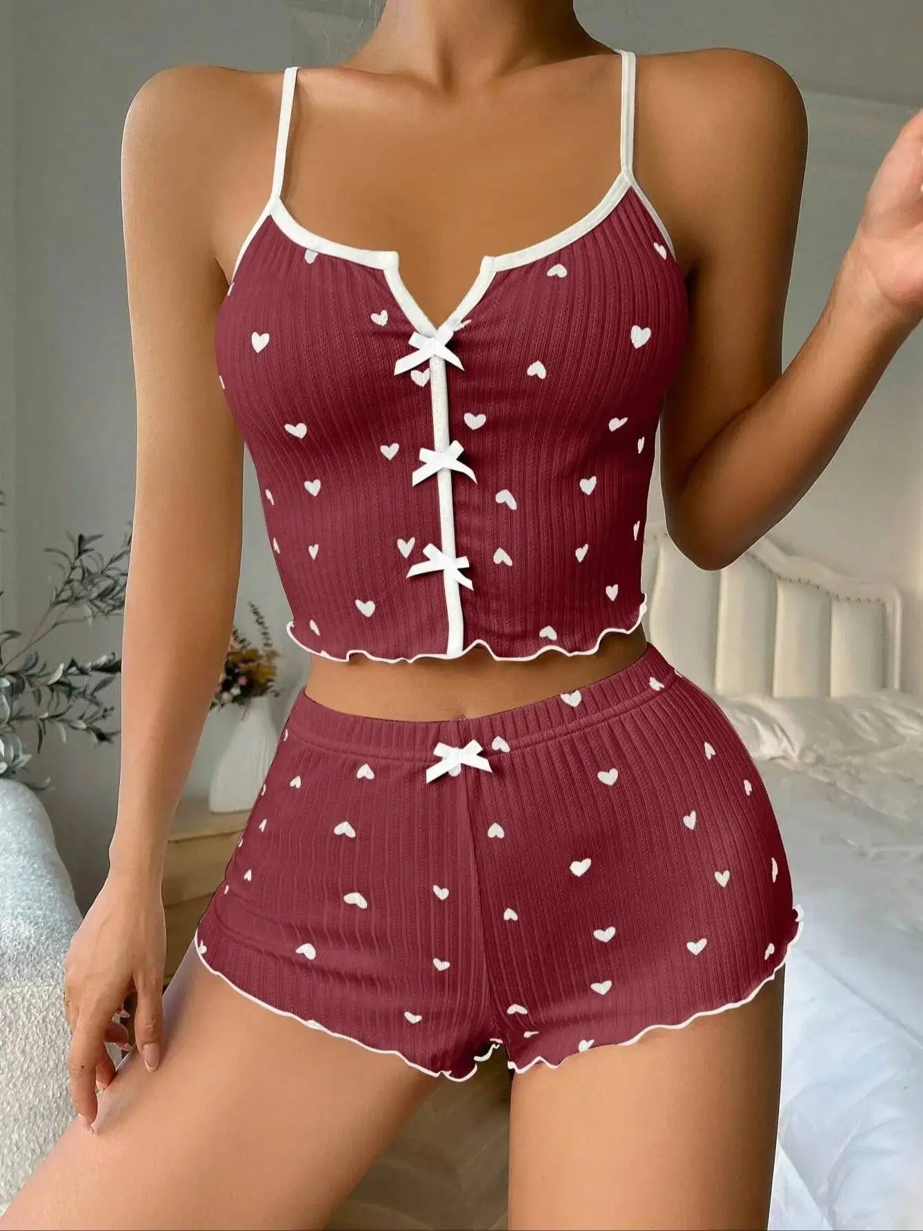 Sexy Silk Heart Print Pajama Set for Women – Sleeveless V-Neck Cami Top & Shorts Loungewear