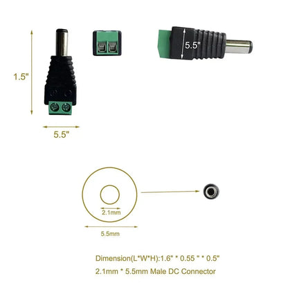 12V DC Power Plug Connectors - 5.5×2.1mm Male and Female Adapter Jacks for LED Strip Lights and CCTV Cameras, 5 Pairs