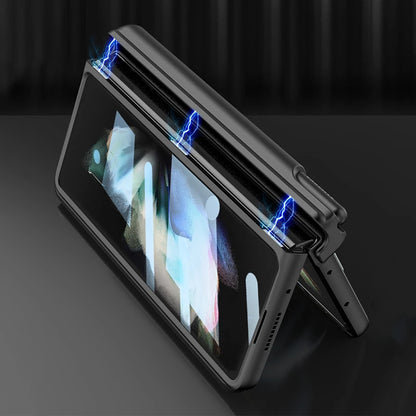 Magnetic Hinge Wrist Strap Case with Pen Slot & Screen Glass for Samsung Galaxy Z Fold 6/5/4/3 – Hard Protective Cover