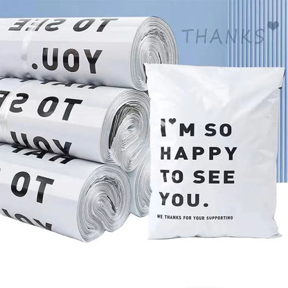 INPLUSTOP 50PCS White Thick Express Bags – Waterproof Clothing Packaging with "THANKS" Print, Courier Envelope Pouches