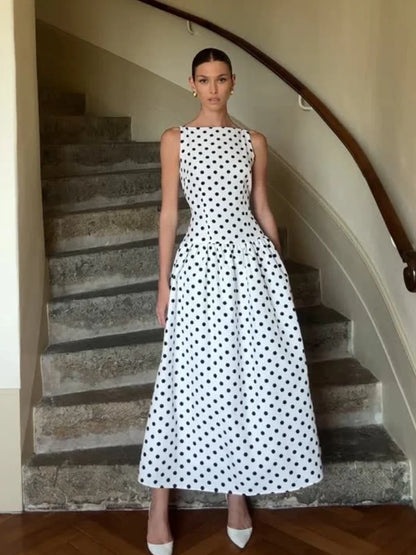Elegant Women’s Polka Dot Maxi Dress – Chic Sleeveless Round Neck High Waist Slim Fit Vestido for Party & Street, 2025 New