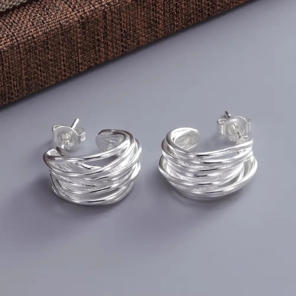 PANJBJ925 Sterling Silver Hoop Earrings - Frosted Geometric Design Fashion Jewelry Gift for Women