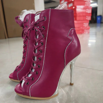Women’s Genuine Leather Dance Boots - European Style Open Toe Thin High Heel Jazz Dance Shoes