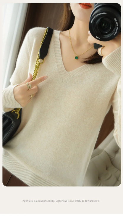 New Women’s Cashmere V-Neck Pullover – Lace Hollow Out Long Sleeve Knitted Sweater for Fall & Winter