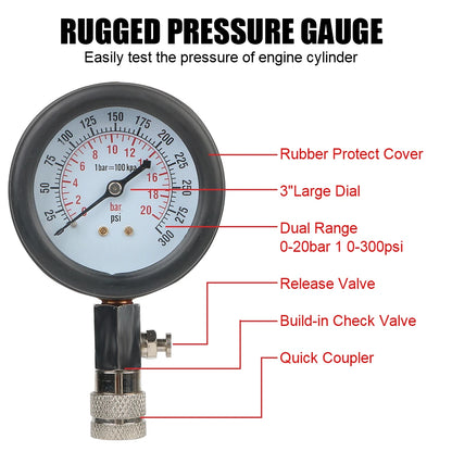 Gasoline Engine Compression Meter - 0-300 PSI Pressure Gauge Automotive Cylinder Tester Kit with M10 M12 M14 M18 Adapters