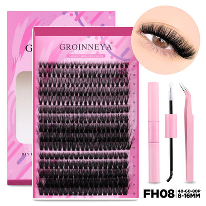 GROINNEYA DIY Lash Extension Kit – Cluster & Individual Lashes Set with Lash Bond & Seal for At-Home Eyelash Extension Makeup