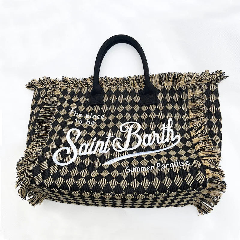 Saint Barth Large Capacity Women's Beach Handbag – European & American Style, Deep Blue Striped Tassel Tote