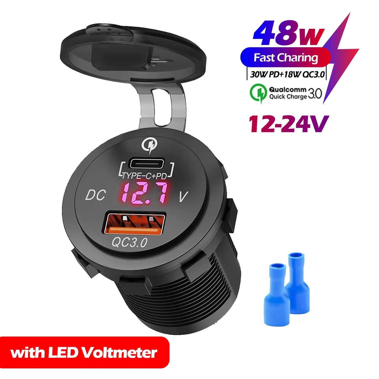 48W Quick Charge 3.0 Waterproof USB Car Charger 12V/24V PD Type-C + QC3.0 Dual USB Fast Charging Socket with LED Voltmeter for Cars, Trucks & Boats