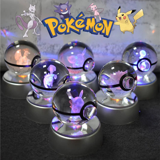 Pokemon 3D Crystal Ball Figurine — Pikachu, Gengar, Mew, Mewtwo Glass Statue with Lamp Base, Kids Birthday Gift
