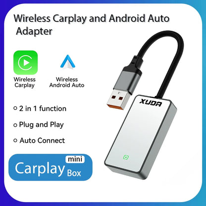 Wired to Wireless 2 in 1 Carplay and Android Auto Adapter - Glass Rearview Mirror Mini AI Box, USB/C Plug & Play for OEM Cars