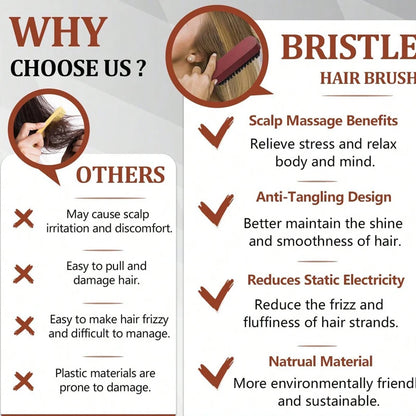 Premium Bristle Hairbrush Set - 2pcs Wooden Handle Scalp Massage Brush For Frizz Control All Hair Types