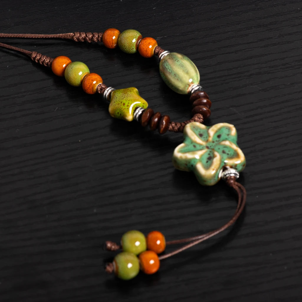 Nature-Inspired Ceramic Pendant Necklace - Handmade Adjustable Boho Ethnic Green Blossom Artisan Jewelry for Women