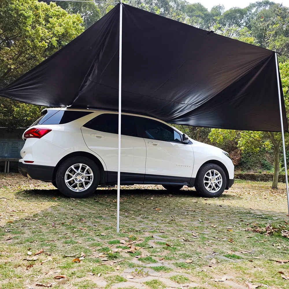 Manta Ray Car Side Awning – Black Coating Tarp with Suction Cup Anchor, Waterproof UV Protection for Outdoor Camping & SUV Shade
