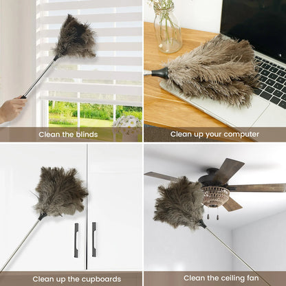 Extendable Ostrich Feather Duster – Long Stainless Steel Handle for Household Furniture Dust Cleaning