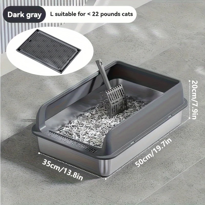 KEMORELA Extra Large Stainless Steel Cat Litter Box with Lid – Enclosed, High-Sided, Leak-Proof Litter Pan with Cat Litter Mat