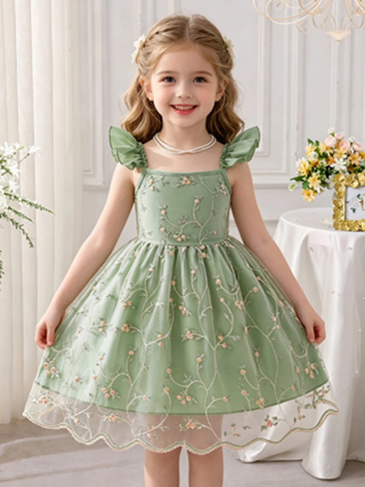 Girls’ Green Floral Tulle Princess Dress - Flutter Sleeve Puffy Skirt Summer Party Dress